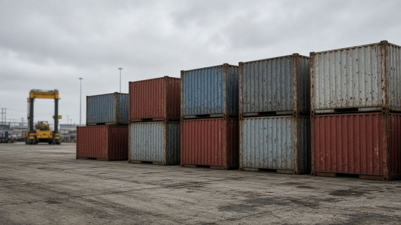 Weathered shipping containers standing in a concrete yard under grey cloud