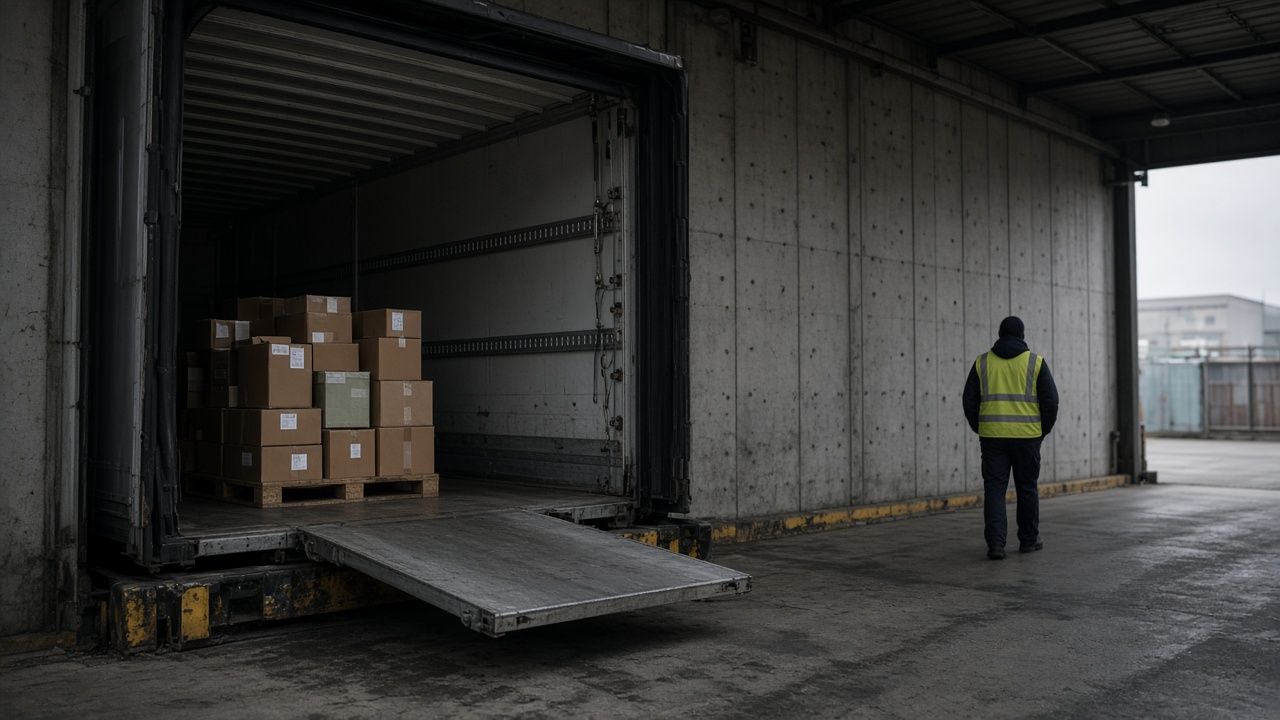 A container open at a concrete loading dock, with cartons on a pallet inside