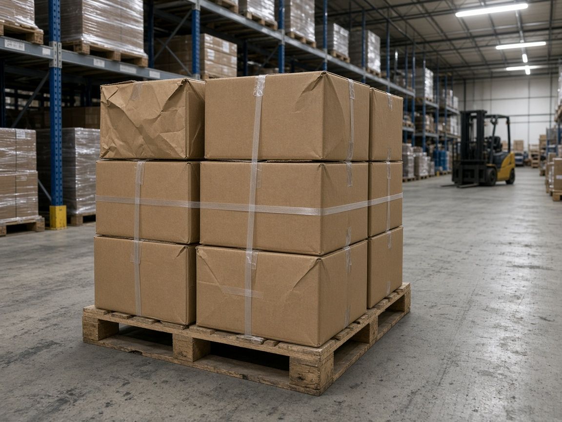 Strapped cardboard cartons on a wooden pallet inside a warehouse